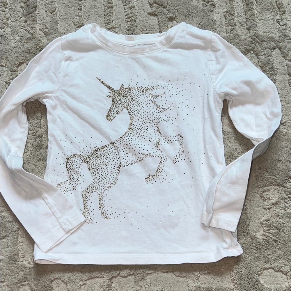 GAP Kids White Unicorn 🦄 Long Sleeve Organic Cotton Tee 6-7 EUC gold sparkle ✨